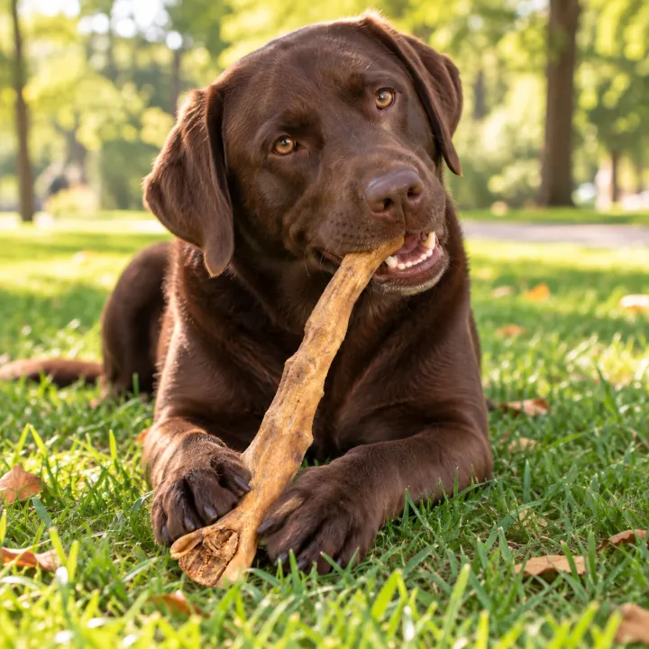 Labrador color cioccolato sdraiato sul prato di un parco al mattino che rosicchia una coda di bufalo essiccata PiùCane tenuta tra le zampe anteriori