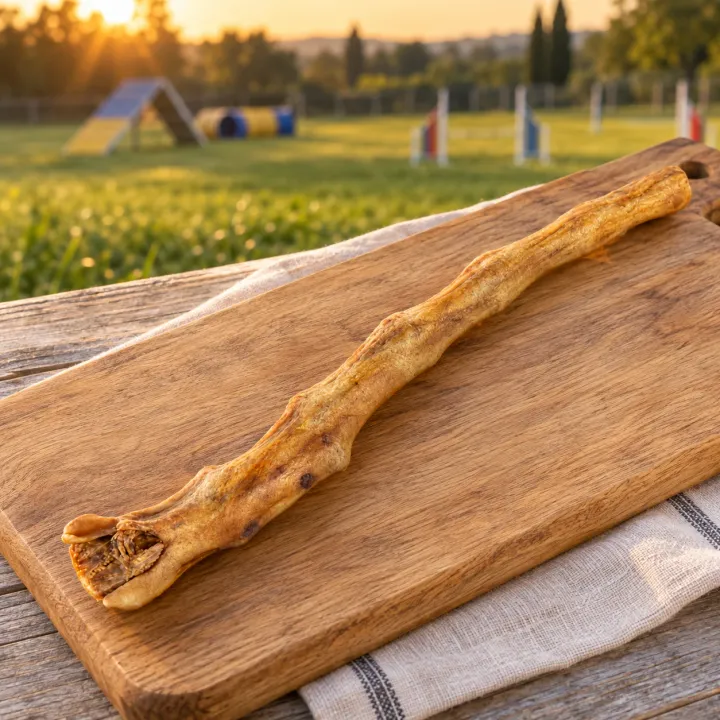 Una coda di bufalo essiccata PiùCane su un tagliere di rovere appoggiato su un tovagliolo di lino, su un tavolo di legno al bordo di un campo di addestramento per cani al tramonto