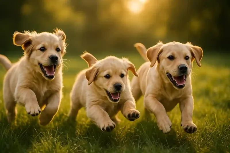 Tre cuccioli di Labrador che corrono su un prato