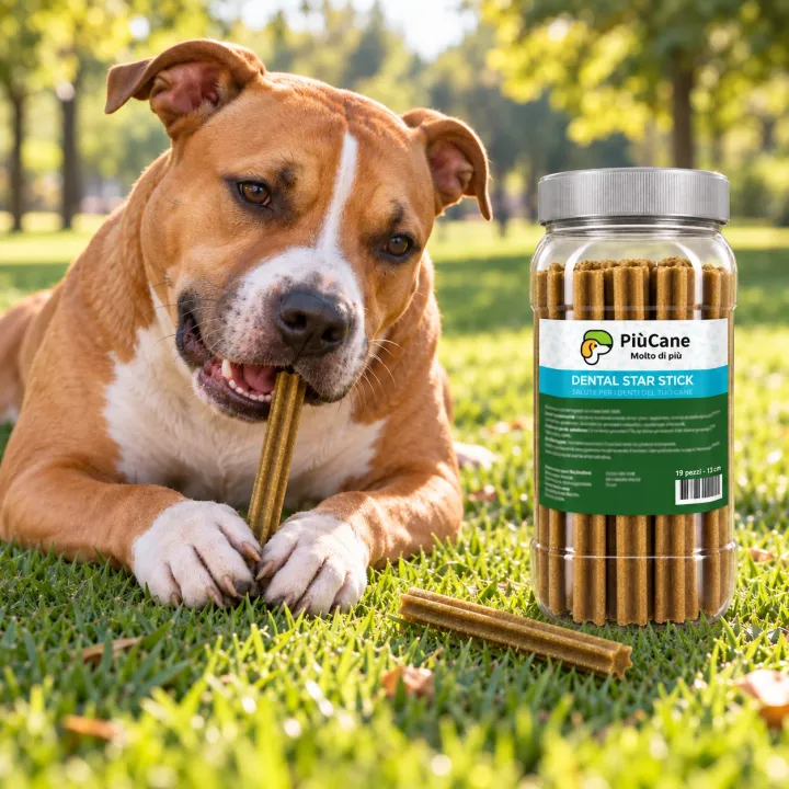 American Staffordshire Terrier sdraiato sul prato di un parco al mattino che rosicchia uno stick dentale a stella tenendolo tra le zampe anteriori, accanto al barattolo PiùCane Dental Star Stick 19 pezzi