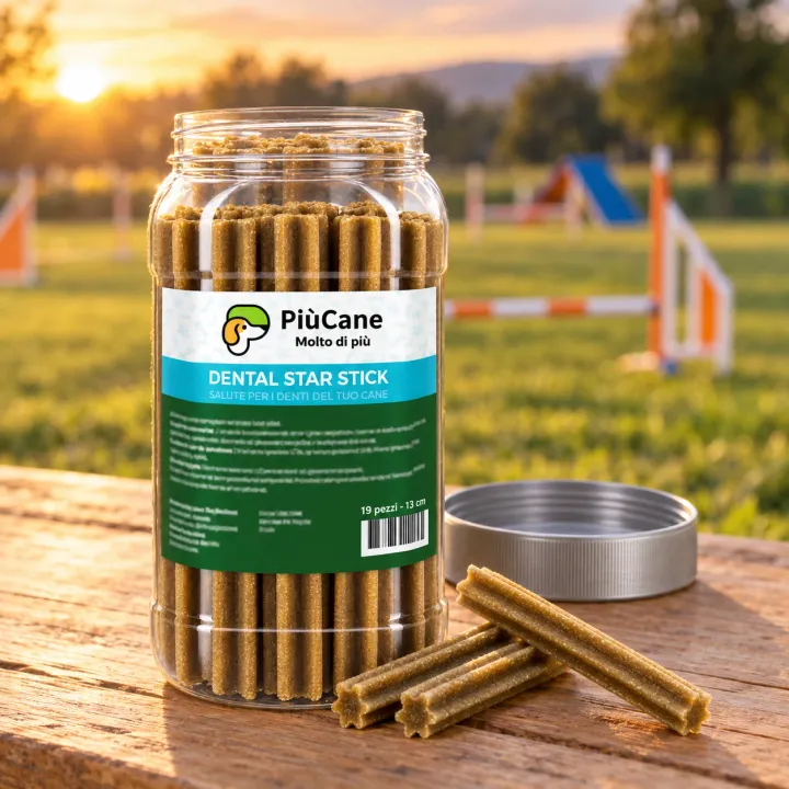 Barattolo aperto PiùCane Dental Star Stick su un tavolo di legno al bordo di un campo di addestramento al tramonto, con tre stick dentali a stella appoggiati davanti e il tappo argento accanto