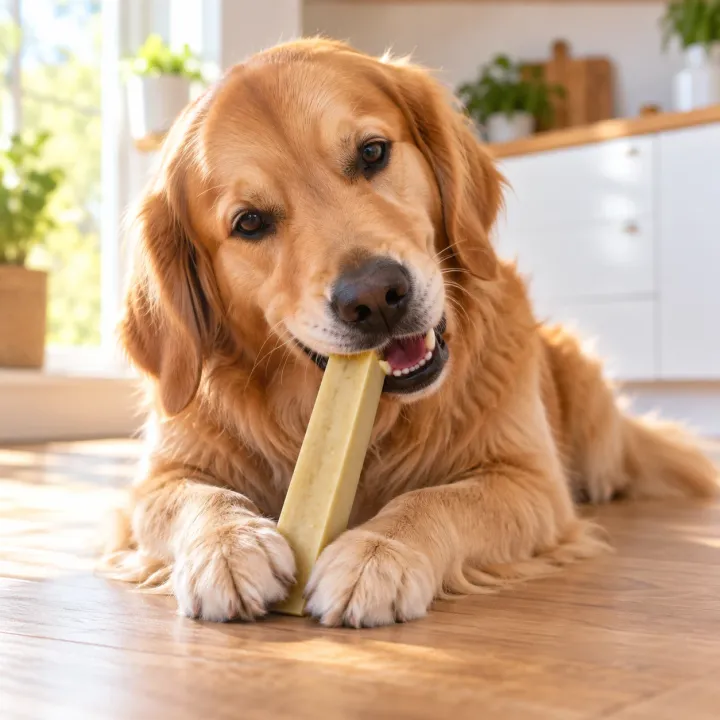 Golden Retriever sdraiato sul pavimento in legno di una cucina luminosa che rosicchia un masticativo di formaggio di yak PiùCane tenuto tra le zampe anteriori
