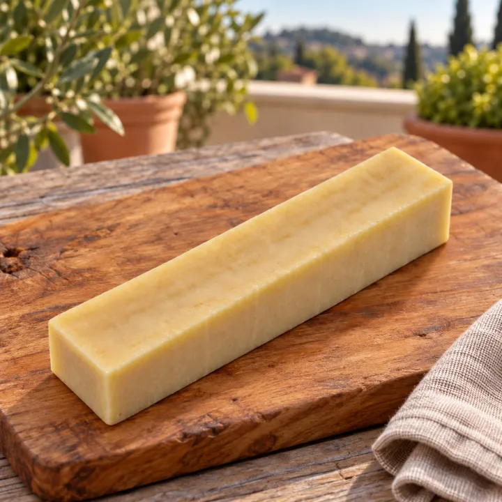 Barretta di formaggio da masticare PiùCane Formaggio L su un tagliere di legno rustico, su una terrazza luminosa con un ulivo e vasi di terracotta