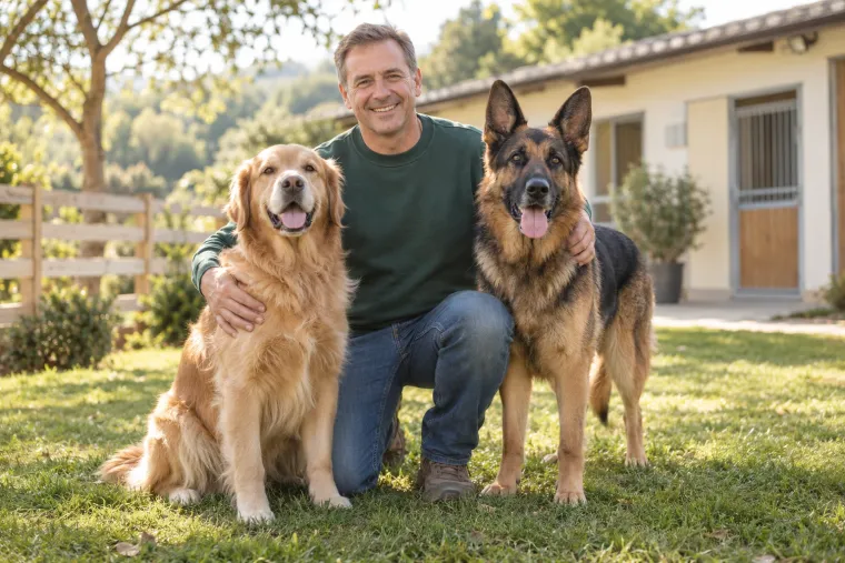 Allevatore sorridente inginocchiato sul prato tra un Golden Retriever e un Pastore Tedesco, davanti a un edificio rurale