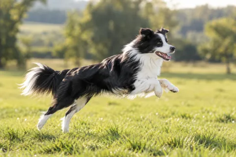 Border Collie che corre al galoppo su un prato verde