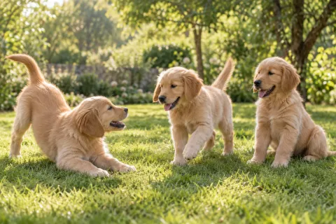 Tre cuccioli di Golden Retriever che giocano su un prato in giardino