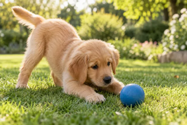 Cucciolo di Golden Retriever che gioca con una palla blu sull’erba