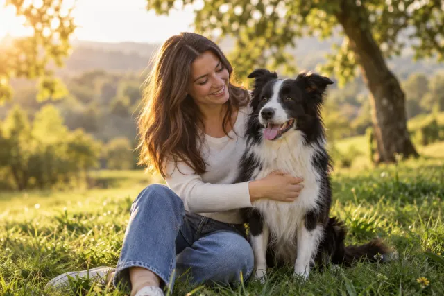 Donna seduta sul prato che abbraccia un Border Collie in campagna
