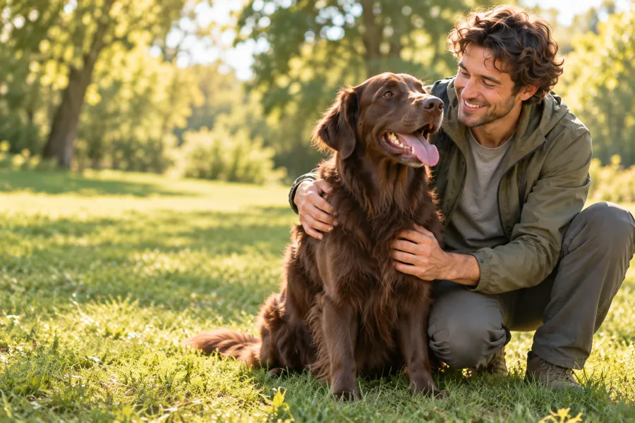 Uomo in giacca verde che abbraccia un Flat-Coated Retriever marrone in un parco