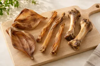 Masticativi essiccati per cani, orecchie, tendini e ossa, su un tagliere di legno