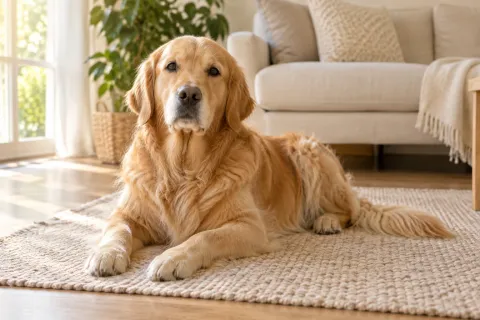 Golden Retriever sdraiato su un tappeto in un soggiorno luminoso