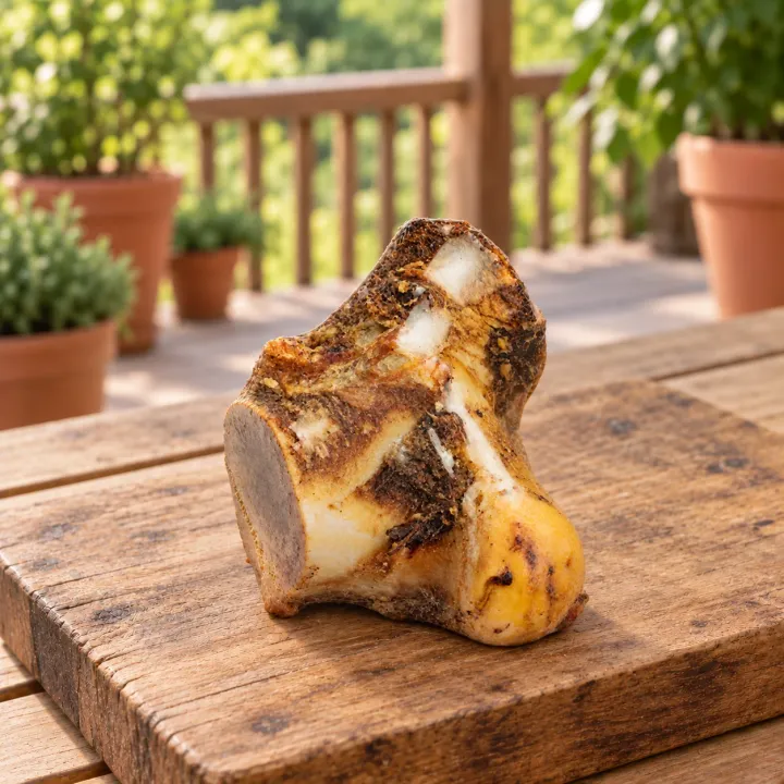 Ginocchio di manzo essiccato PiùCane appoggiato su un tagliere di legno rustico in una veranda luminosa, con parapetto in legno e piante in vasi di terracotta sullo sfondo