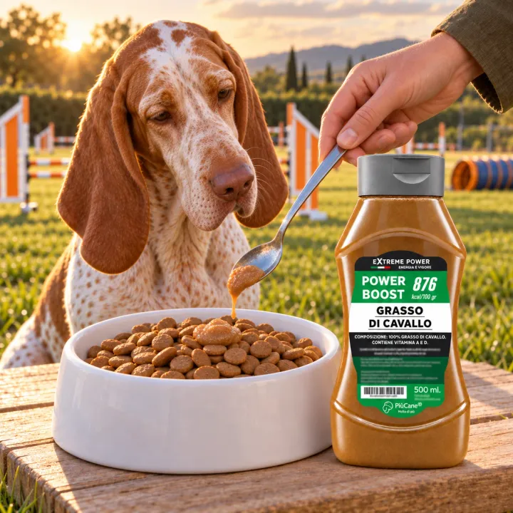 Bracco Italiano seduto su un campo di addestramento al tramonto che guarda un cucchiaino di grasso di cavallo versato sulle crocchette in una ciotola bianca, accanto al flacone PiùCane Extreme Power Boost Grasso di Cavallo da 500 ml