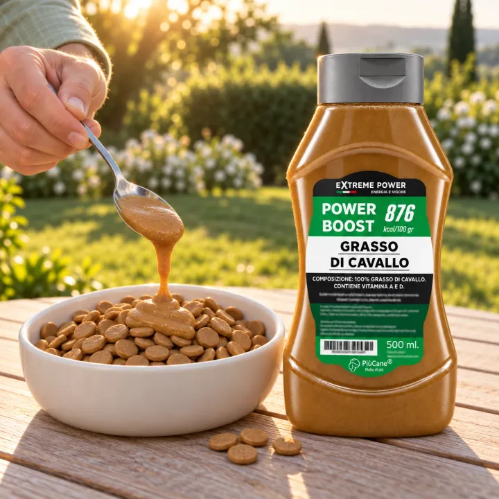 Flacone PiùCane Extreme Power Boost Grasso di Cavallo da 500 ml su un tavolo di legno in giardino all'ora dorata, accanto a una ciotola bianca di crocchette su cui una mano versa con un cucchiaio grasso di cavallo cremoso color caramello