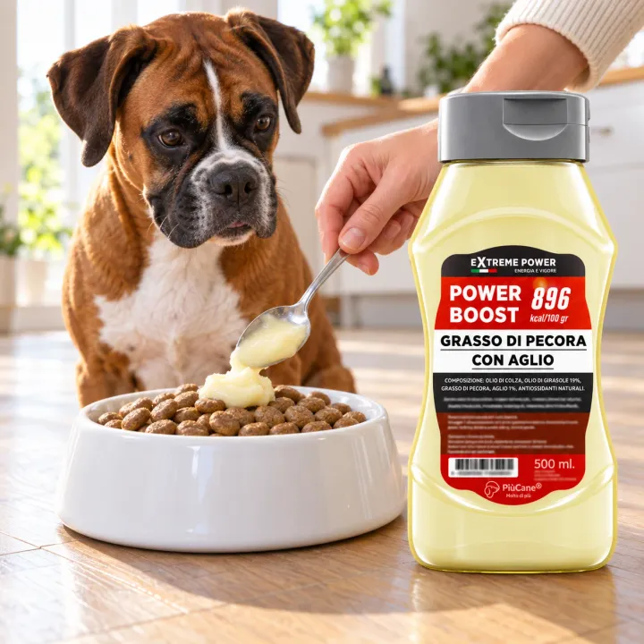 Boxer seduto in una cucina luminosa che guarda una mano deporre con un cucchiaino grasso di pecora cremoso sulle crocchette in una ciotola bianca, accanto al flacone PiùCane Extreme Power Boost Grasso di Pecora con Aglio da 500 ml