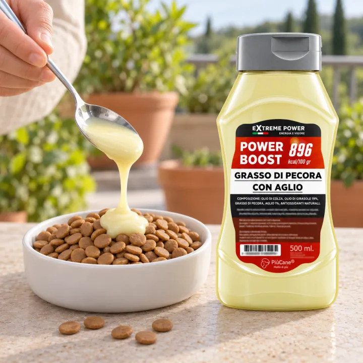 Flacone PiùCane Extreme Power Boost Grasso di Pecora con Aglio da 500 ml su un tavolo di pietra chiara in terrazza, accanto a una ciotola bianca di crocchette su cui una mano versa con un cucchiaio grasso di pecora cremoso color avorio