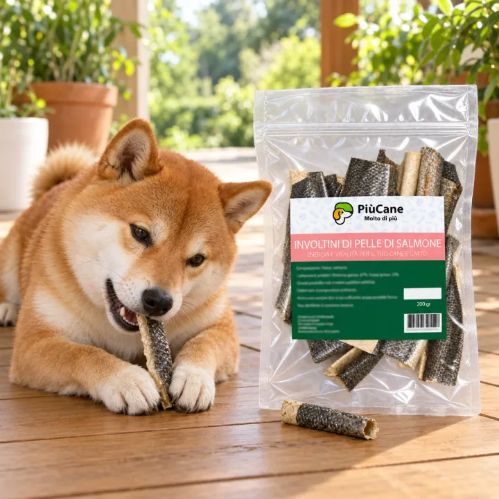 Shiba Inu sdraiato sulla veranda di legno che rosicchia una striscia di pelle di salmone essiccata tenuta tra le zampe, accanto alla busta PiùCane Involtini di Pelle di Salmone 200 gr e a un involtino appoggiato sul pavimento