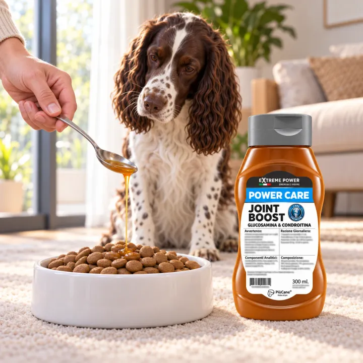 English Springer Spaniel seduto su un tappeto chiaro in un soggiorno luminoso che guarda una mano versare l'integratore da un cucchiaino sulle crocchette in una ciotola bianca, accanto al flacone PiùCane Extreme Power Power Care Joint Boost da 300 ml