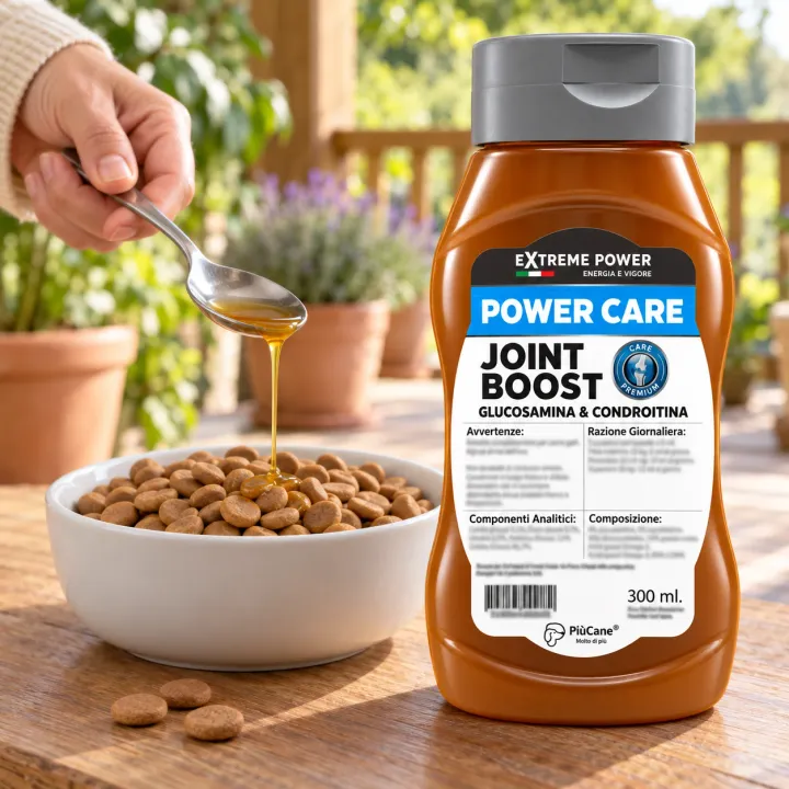 Flacone PiùCane Extreme Power Power Care Joint Boost da 300 ml su un tavolino di legno in una veranda con piante, accanto a una ciotola bianca di crocchette su cui una mano versa l'integratore da un cucchiaio