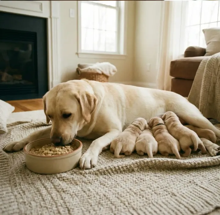 Labrador sdraiata su un tappeto con i cuccioli, mentre mangia dalla ciotola