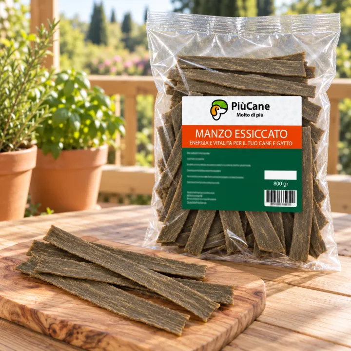 Strisce di manzo essiccato su un tagliere di legno d'olivo in una veranda luminosa con piante in vaso, accanto alla busta PiùCane Manzo Essiccato 800 gr