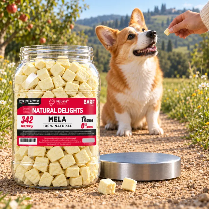 Corgi Pembroke seduto su un sentiero di campagna che guarda un dadino di mela essiccata offerto da una mano; in primo piano il barattolo aperto PiùCane Natural Delights Mela con il tappo argento e due dadini sul sentiero