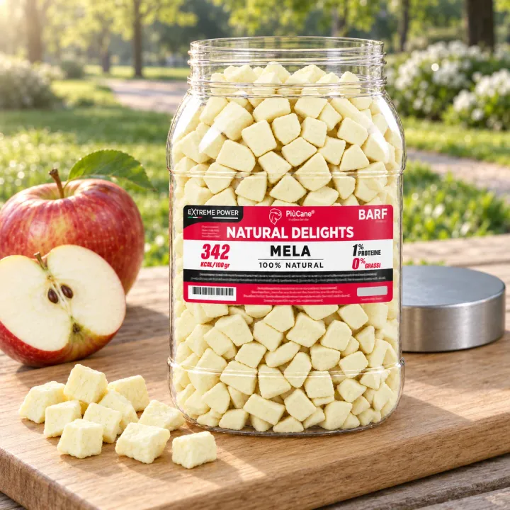 Barattolo aperto PiùCane Natural Delights Mela su un tagliere di legno in un parco al mattino, con dadini di mela essiccata versati davanti, il tappo argento accanto e due mele rosse fresche, una intera e una tagliata a metà, sulla sinistra
