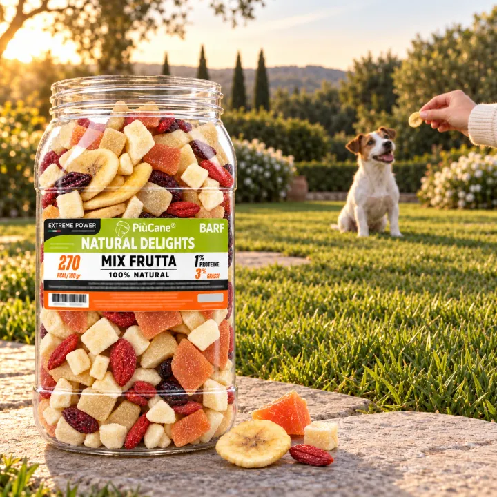 Jack Russell seduto sul prato di un giardino all'ora dorata che guarda una chips di banana offerta da una mano; in primo piano il barattolo aperto PiùCane Natural Delights Mix Frutta su una lastra di pietra con alcuni pezzi di frutta essiccata