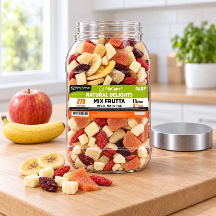 Barattolo aperto PiùCane Natural Delights Mix Frutta su un tagliere di legno in una cucina luminosa, con chips di banana e pezzetti di frutta essiccata versati davanti, il tappo argento accanto e una mela rossa e una banana fresche a sinistra