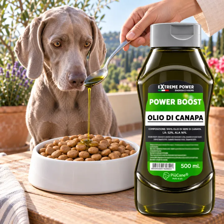 Weimaraner seduto in una terrazza soleggiata che osserva una mano versare con un cucchiaio olio di canapa sulle crocchette in una ciotola bianca, accanto al flacone PiùCane Extreme Power Boost Olio di Canapa da 500 ml