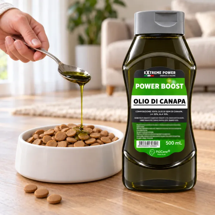 Flacone PiùCane Extreme Power Boost Olio di Canapa da 500 ml sul parquet di un soggiorno luminoso, accanto a una ciotola bianca di crocchette su cui una mano versa con un cucchiaio un filo di olio di canapa verde oliva