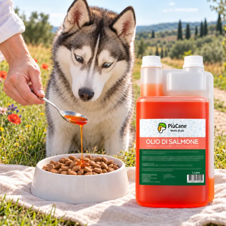 Siberian Husky seduto sul prato lungo un sentiero di campagna che guarda una mano versare con un cucchiaio olio di salmone rosso-arancio sulle crocchette in una ciotola bianca, accanto al flacone dosatore PiùCane Olio di Salmone da 1 litro