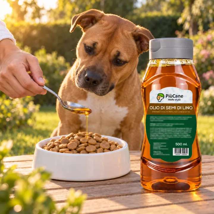 American Staffordshire Terrier fulvo seduto in giardino al tramonto che guarda una mano versare con un cucchiaio olio di semi di lino sulle crocchette in una ciotola bianca, accanto al flacone PiùCane Olio di Semi di Lino da 500 ml