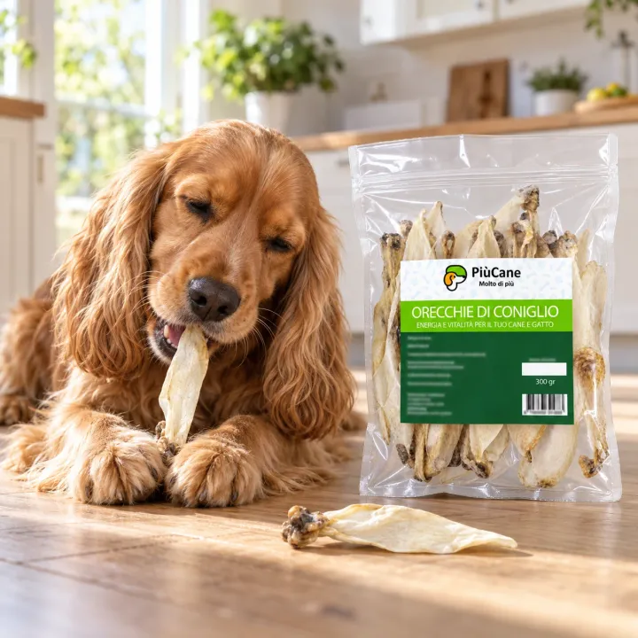 Cocker Spaniel fulvo sdraiato sul pavimento di legno di una cucina luminosa che rosicchia un orecchio di coniglio essiccato, con un altro orecchio sul pavimento e accanto la confezione PiùCane Orecchie di Coniglio 300 gr