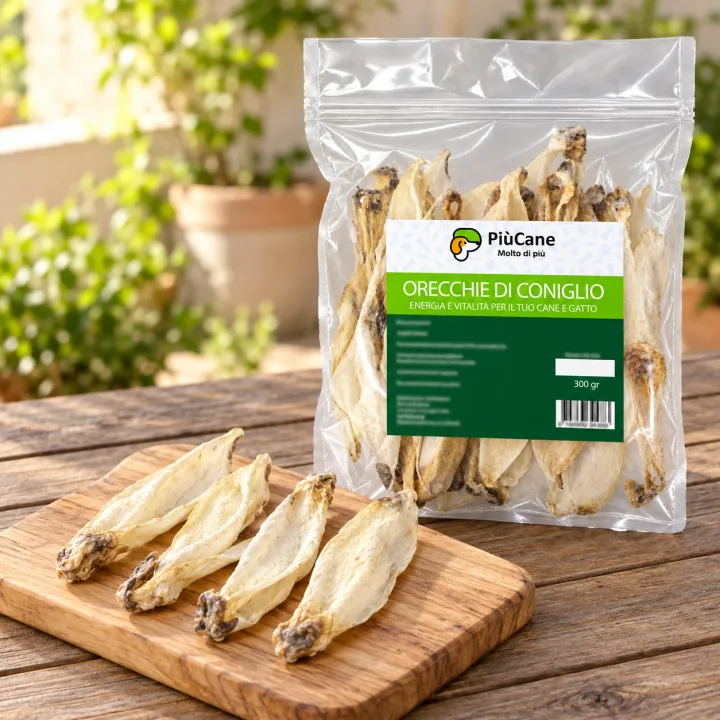 Orecchie di coniglio essiccate su un tagliere di legno appoggiato al tavolo di una terrazza, accanto alla confezione PiùCane Orecchie di Coniglio 300 gr