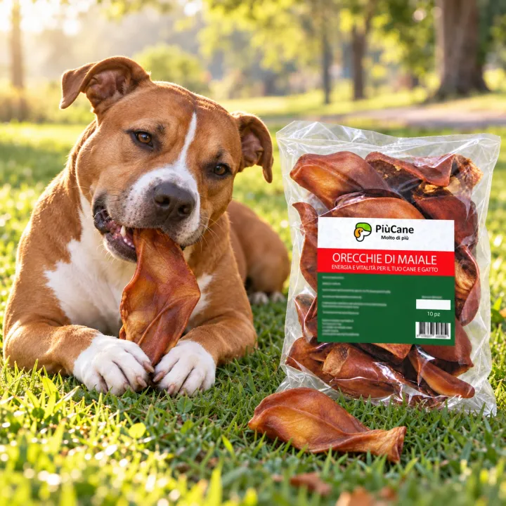 Amstaff fulvo sdraiato sul prato di un parco al mattino che rosicchia un orecchio di maiale essiccato, accanto alla confezione PiùCane Orecchie di Maiale 10 pz