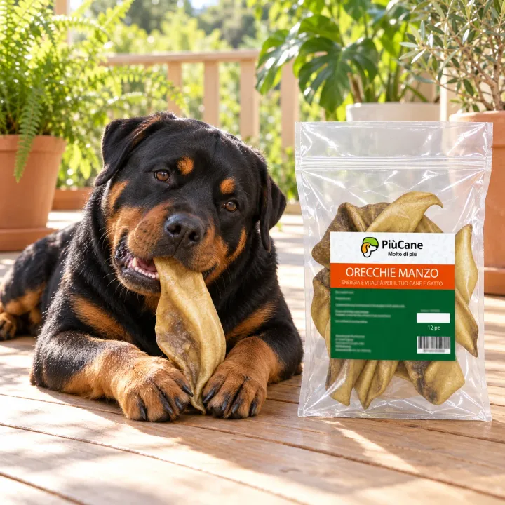 Rottweiler sdraiato su una veranda in legno che rosicchia un orecchio di manzo essiccato, accanto alla confezione PiùCane Orecchie Manzo 12 pz