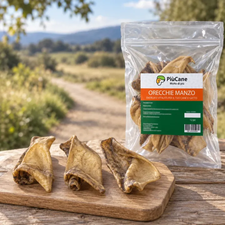 Tre orecchie di manzo essiccate su un tagliere di legno appoggiato su un tavolino all'aperto lungo un sentiero di campagna, accanto alla confezione PiùCane Orecchie Manzo 12 pz