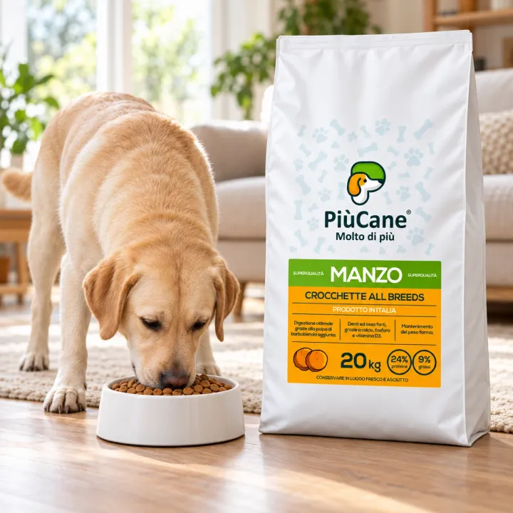 Labrador biondo che mangia crocchette da una ciotola bianca in un soggiorno luminoso, accanto al sacco PiùCane Crocchette All Breeds Manzo da 20 kg