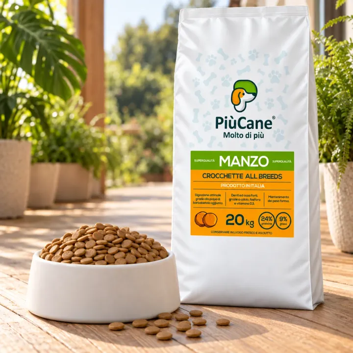 Ciotola bianca piena di crocchette tonde color nocciola sul pavimento in legno di una veranda luminosa con piante, accanto al sacco PiùCane Crocchette All Breeds Manzo da 20 kg