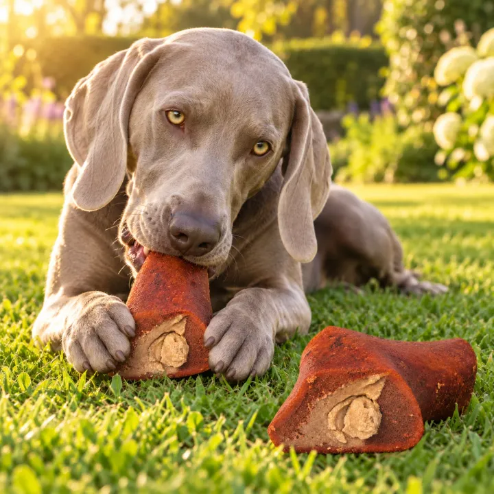 Weimaraner sdraiato sul prato di un giardino all'ora dorata che rosicchia un osso affumicato al midollo PiùCane tenendolo tra le zampe anteriori, con un secondo osso ripieno di patè appoggiato sull'erba davanti