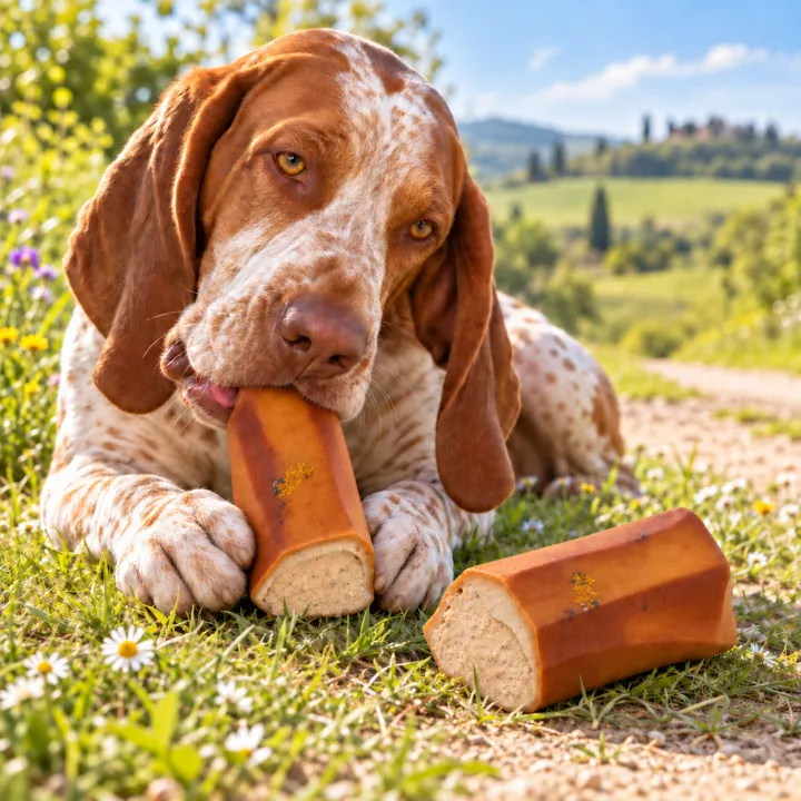 Bracco Italiano sdraiato sull'erba lungo un sentiero di campagna che rosicchia un osso affumicato al midollo con pollo PiùCane tenendolo tra le zampe anteriori, con un secondo osso ripieno appoggiato sull'erba davanti
