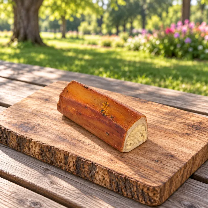 Osso affumicato al midollo con pollo PiùCane su un tagliere di legno rustico appoggiato su un tavolo da picnic in un parco soleggiato al mattino, con l'estremità tagliata che mostra il ripieno