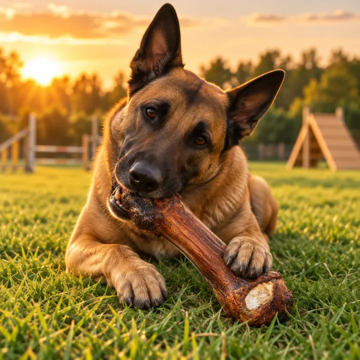 Pastore Belga Malinois sdraiato sul prato di un campo di addestramento all'ora dorata che rosicchia un osso di cavallo essiccato PiùCane tenuto sotto la zampa anteriore
