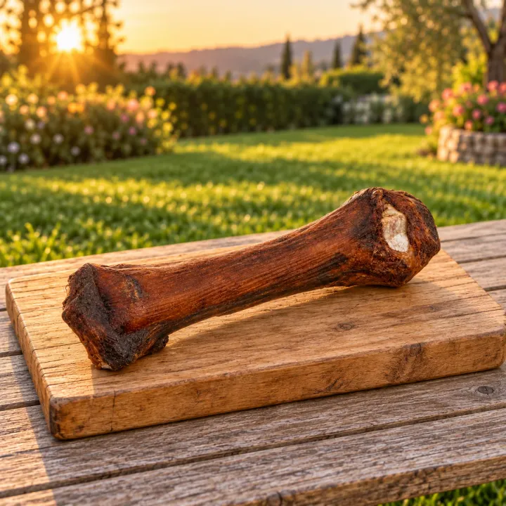 Osso di cavallo essiccato PiùCane su un tagliere di legno rustico appoggiato su un tavolo da giardino, con prato e cespugli fioriti all'ora dorata sullo sfondo