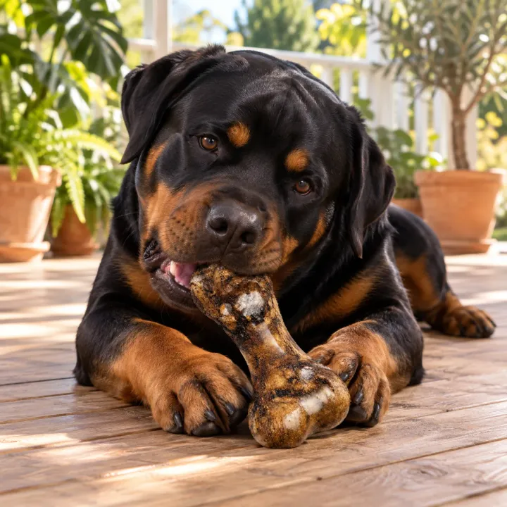 Rottweiler sdraiato sul pavimento in legno di una veranda soleggiata con piante in vaso che rosicchia un osso di maiale PiùCane tenuto tra le zampe anteriori
