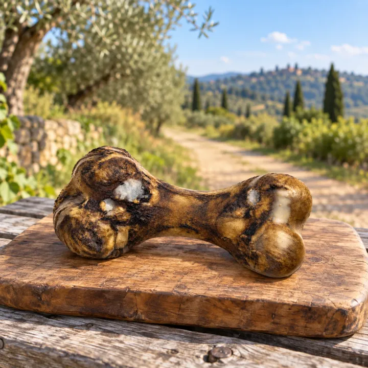 Osso di maiale essiccato su un tagliere di legno rustico appoggiato su una panca, lungo un sentiero di campagna con ulivi e cipressi