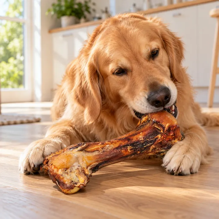 Golden Retriever sdraiato sul parquet di una cucina luminosa che rosicchia un grosso osso di manzo PiùCane tenuto tra le zampe anteriori