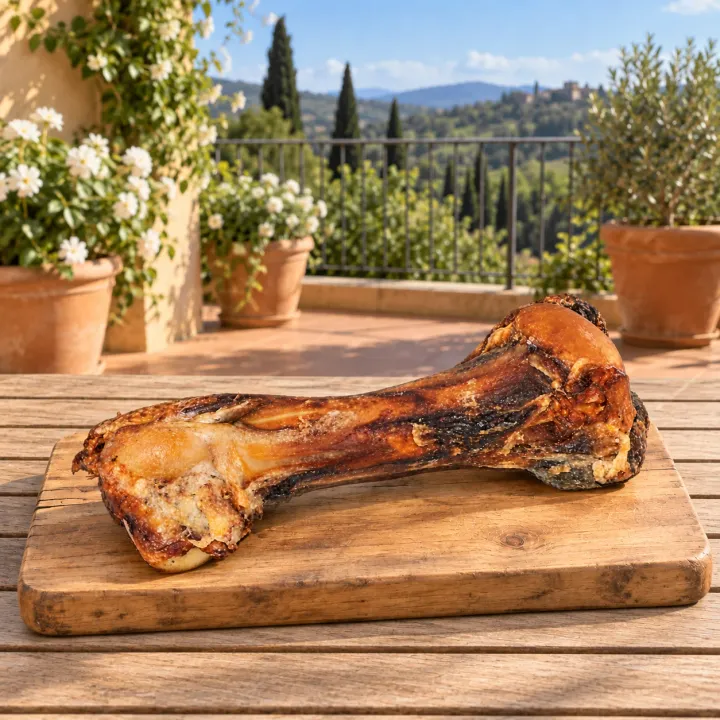 Osso di manzo PiùCane su un tagliere di legno rustico appoggiato su un tavolo in una terrazza soleggiata, con vasi di fiori bianchi, un ulivo e colline con cipressi sullo sfondo