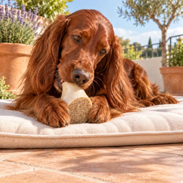 Setter Irlandese sdraiato su un cuscino in una terrazza soleggiata con lavanda e ulivo che rosicchia un osso al midollo con pollo PiùCane tenendolo tra le zampe anteriori